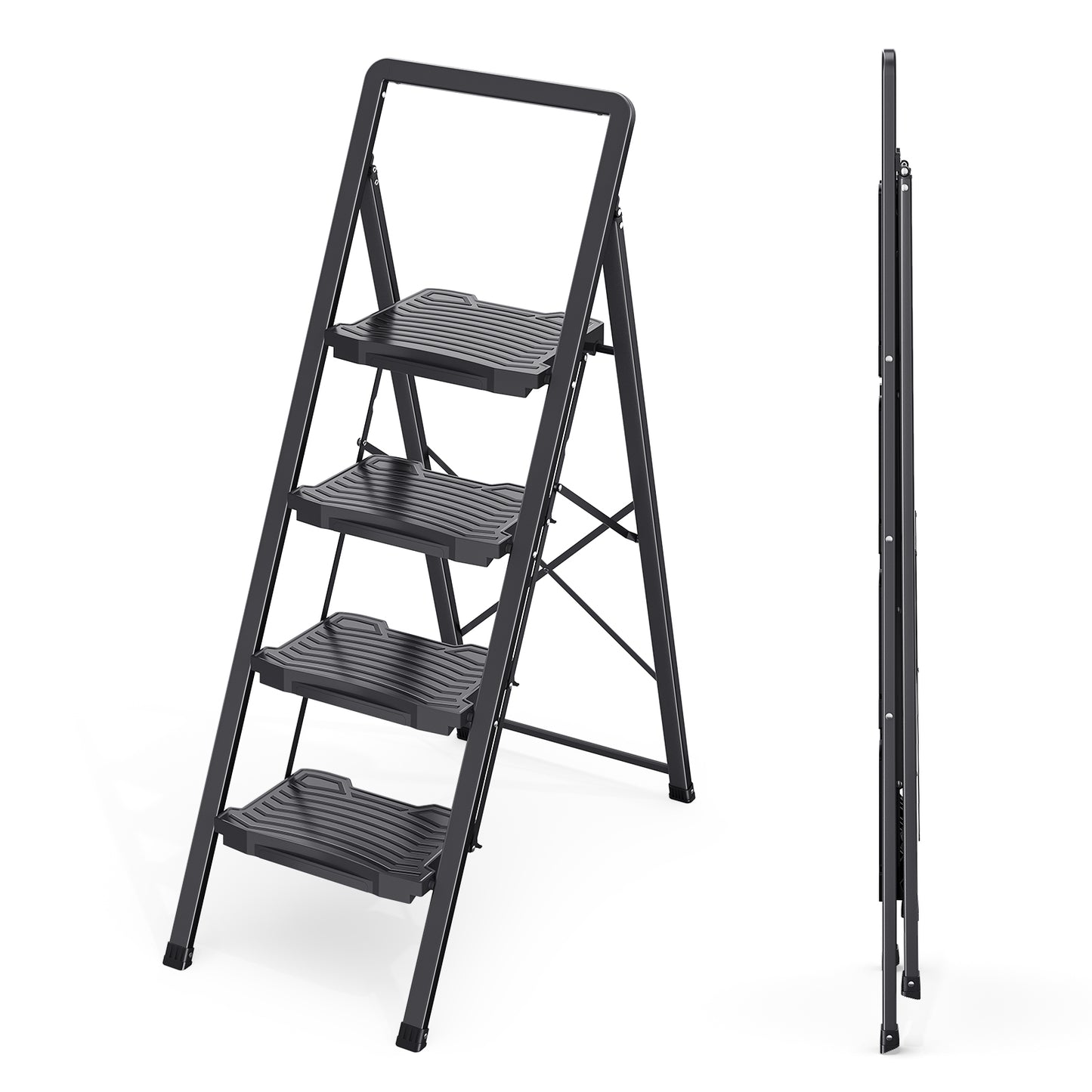 KINGRACK 2/3/4 Folding Step Ladder with Handrail, Steel Step Stool, Black