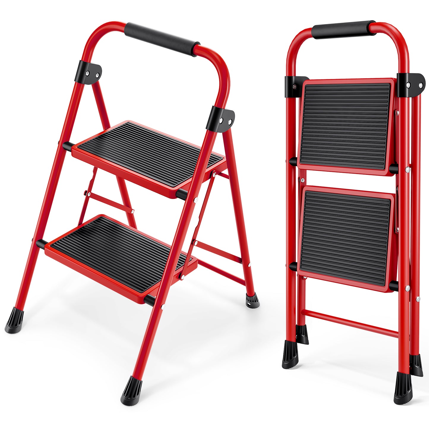 KINGRACK 2-Step Ladder, Folding Step Stool with Wide Anti-Slip Pedals, Small Ladder with Handle, Heavy-Duty Steel, Lightweight & Portable, Red