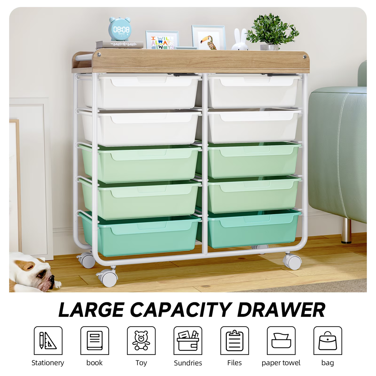 BEHERZT Rolling Storage Cart with 10 Large Drawers, Utility Cart with Wooden TableTop for Craft Organizers, Green