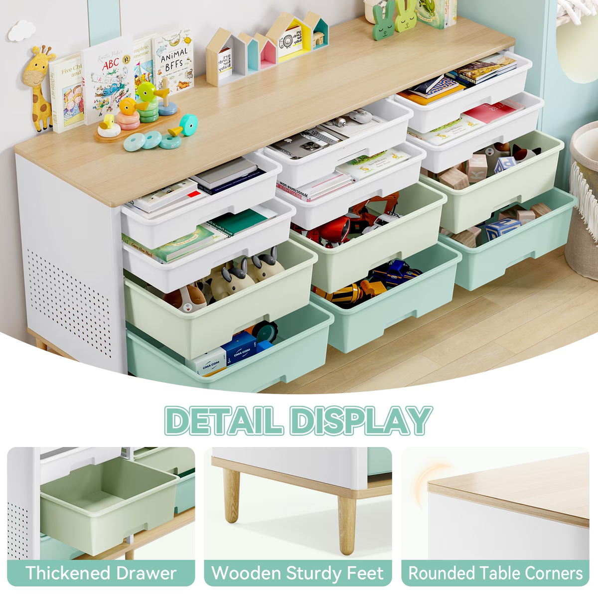 BEHERZT Sideboard Storage Cabinet with 12 Drawers , for 32-45'' TV Stand , Fluted Modern Buffet Cabinet for Living Room, Bedroom , School, Green