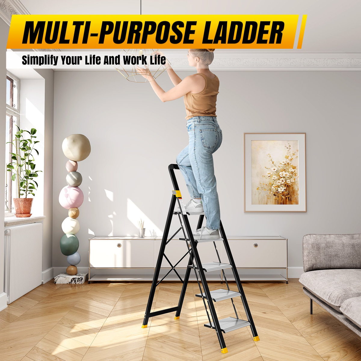 KINGTIDY 5 Step Ladder, Sturdy Aluminium Ladder with Anti-Slip Pedal, 330lbs, Portable Ladder for Home Kitchen Office, Silver