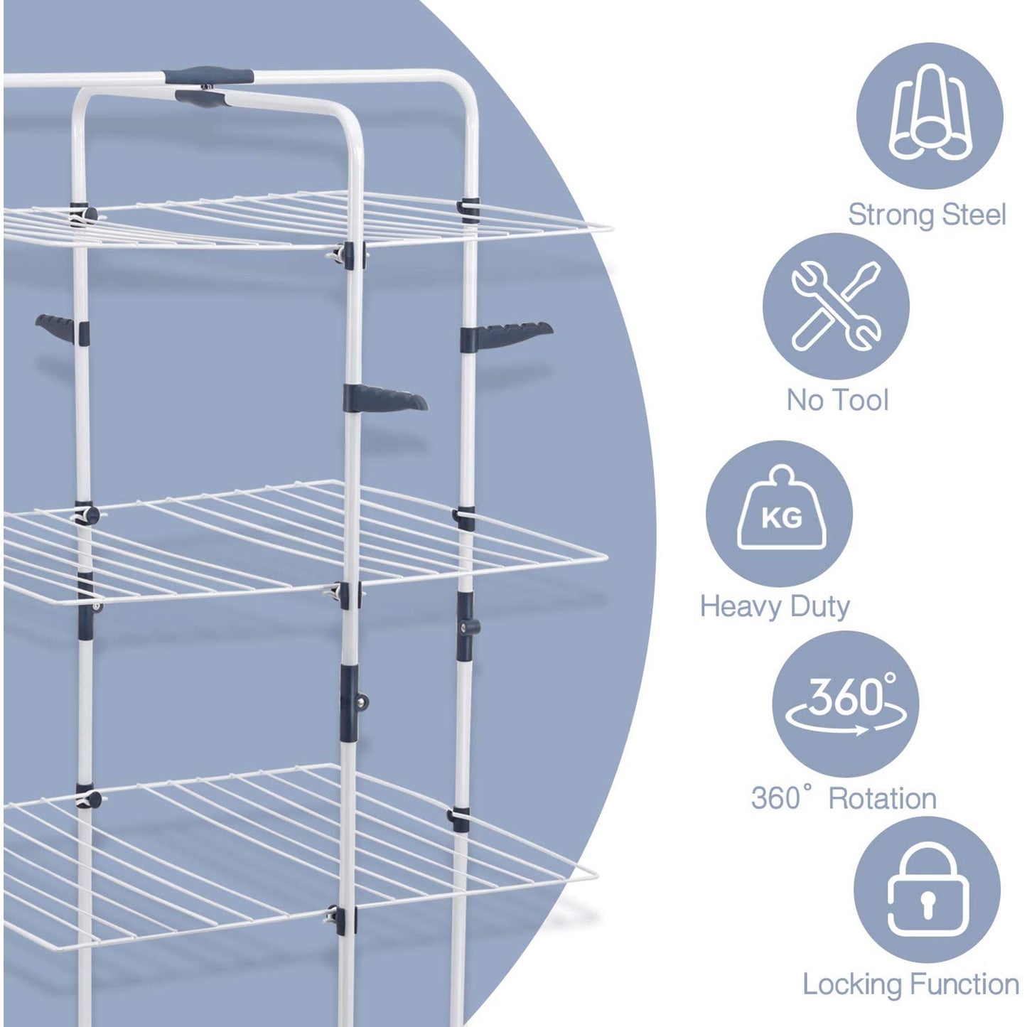 Kingrack Clothes Drying Rack, 3-Tier Folding Indoor Laundry Drying Rack with Wheels 4 Hooks, Metal, White