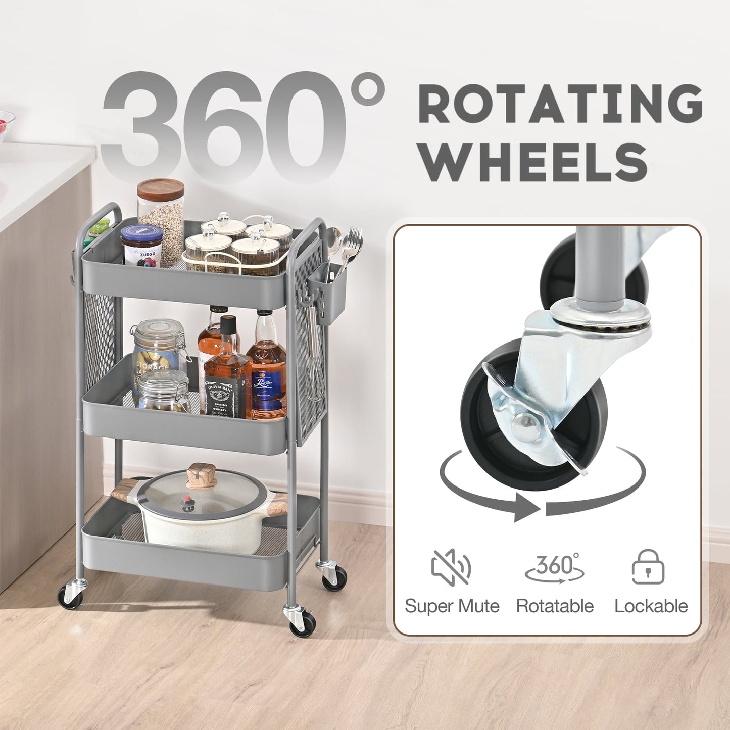 KK KINGRACK Metal Rolling Storage Cart, 3-Tier Utility Cart with Wheels & DIY Board, Grey(CZ830924-7)