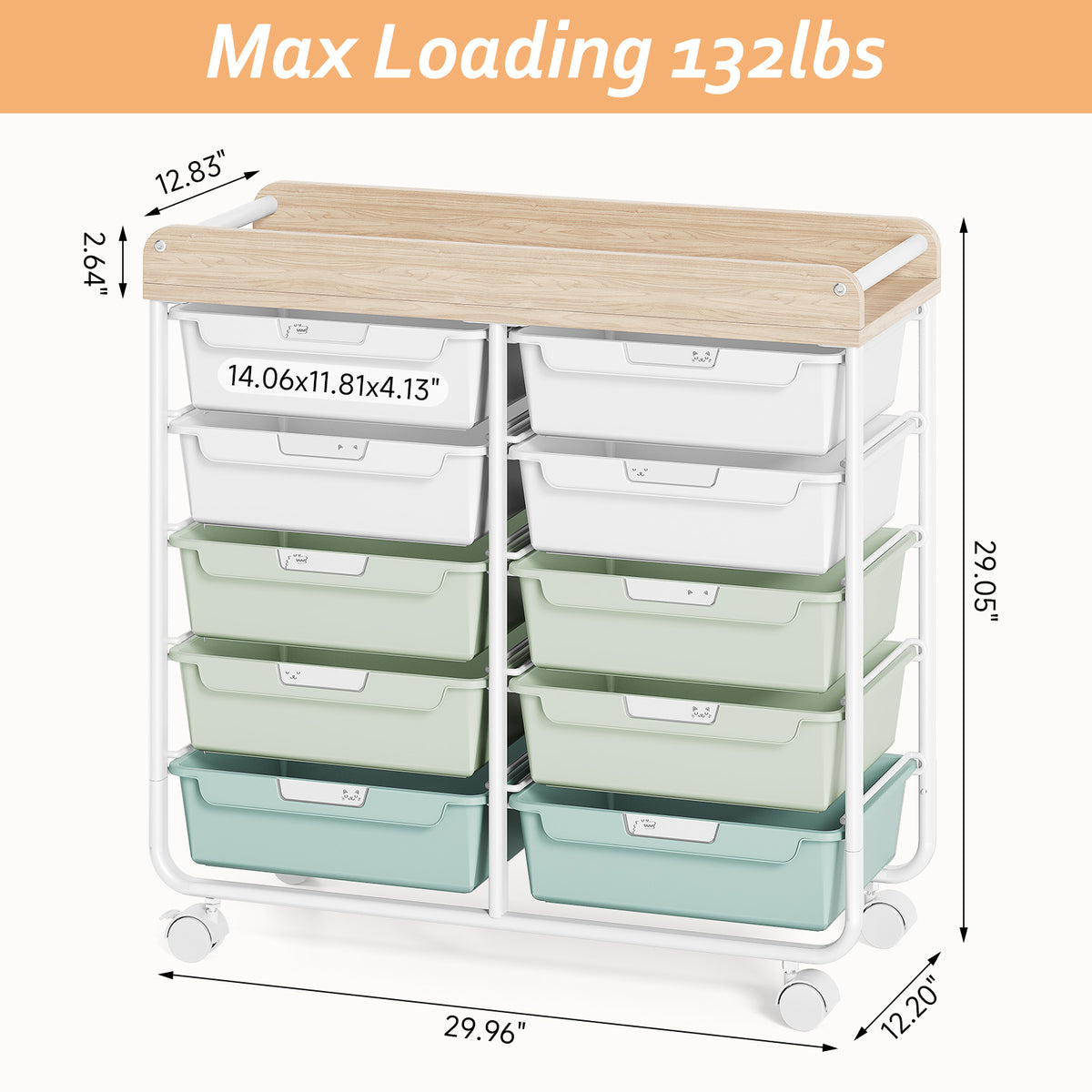 Rolling Storage Cart with 10 Drawers, KK KINGRACK Drawer Cart with Sturdy Frame for Craft Office School Storage, Green (BZ831234-1G)
