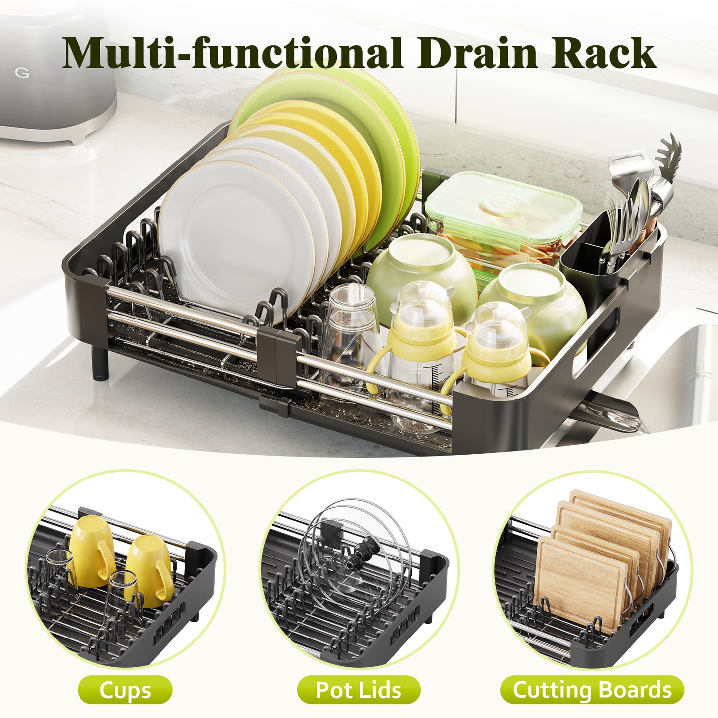 Dish Drying Rack, Kingrack Extendable Dish Rack for Kitchen Counter, Foldable Stainless Steel Space-Saving Dish Drainer,WK810172-20