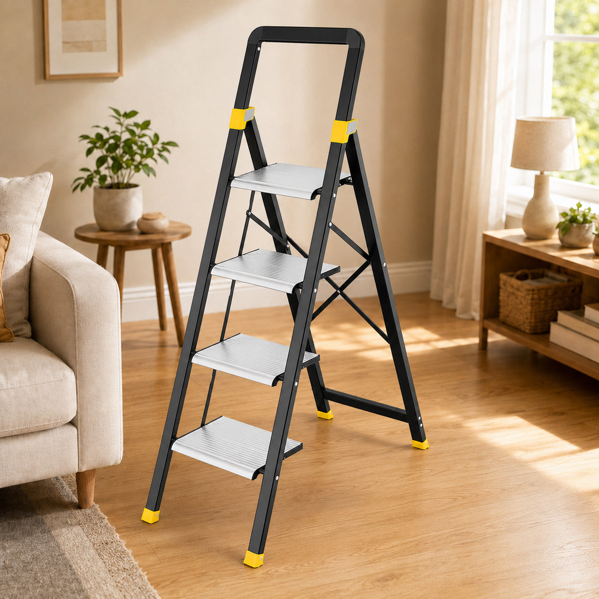 KINGTIDY 4 Step Ladder, Sturdy Aluminium Ladder with Anti-Slip Pedal, 330lbs, Portable Ladder for Home Kitchen Office, Silver