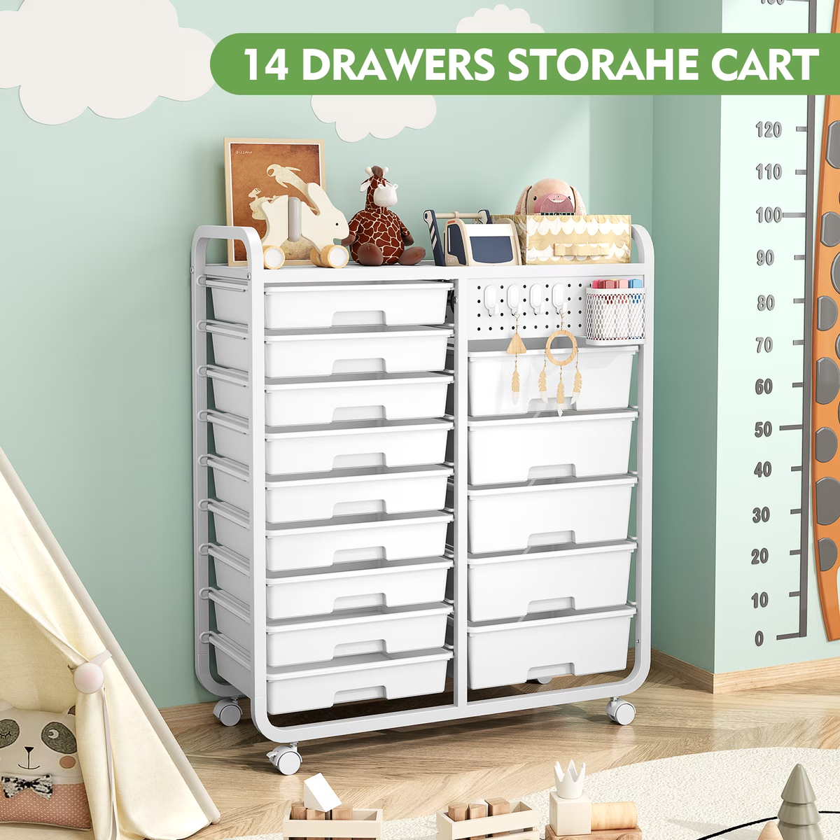 BEHERZT 14 Drawer Rolling Cart with Tabletop & DIY Pegboard, Storage Carts with Wheels, Organizers Utility Cart, White