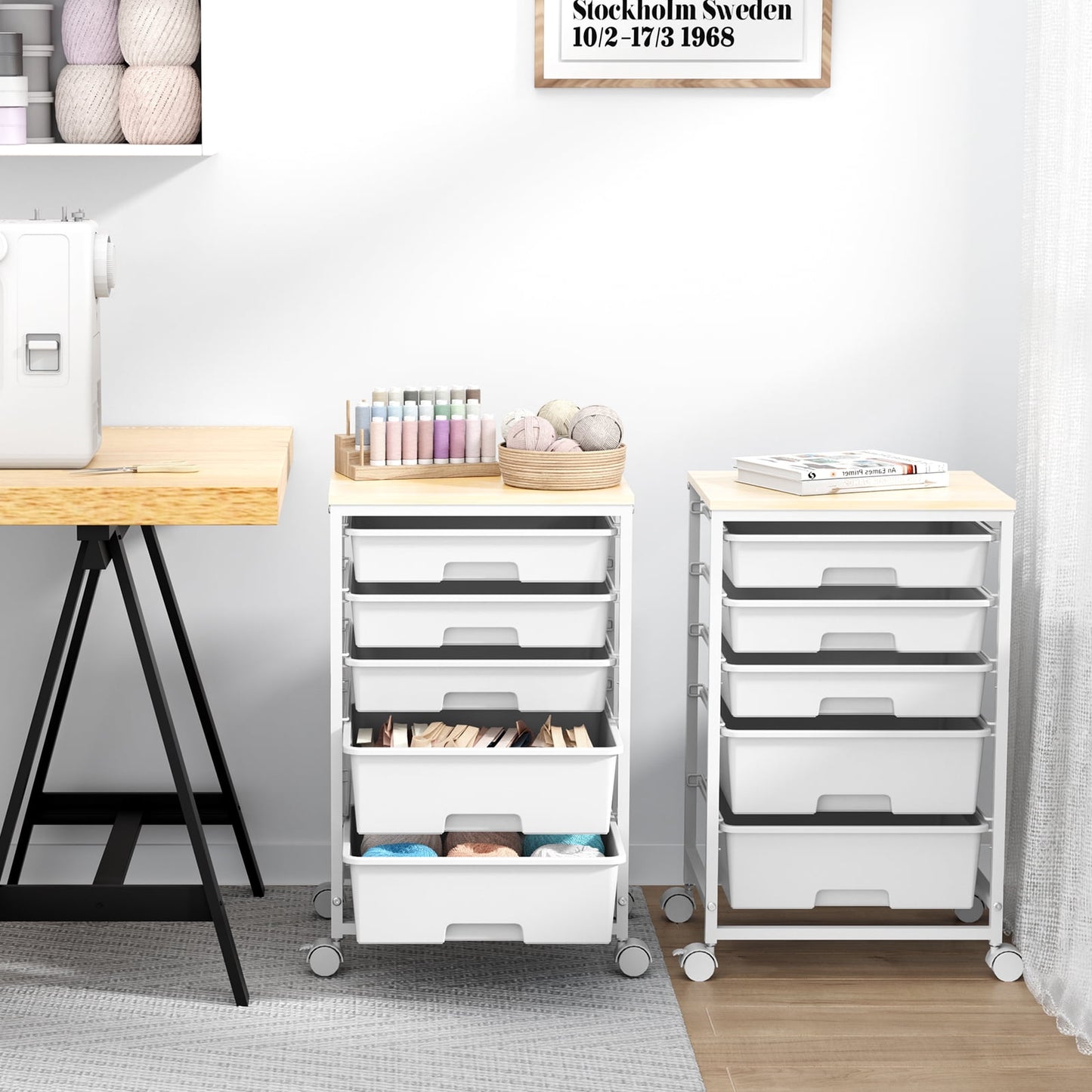KK KINGRACK Rolling Cart with 5 Drawers, Storage Drawer Cart with Wooden Tabletop, Metal & Plastic, White