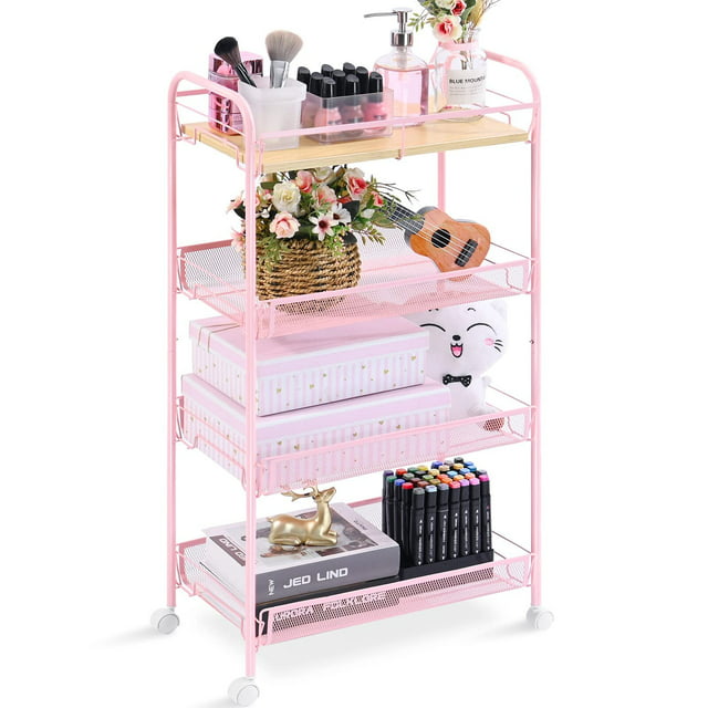 Kingrack 4 Tier Rolling Cart, Mesh Storage Utility Carts with Wooden Tabletop for Kitchen Bathroom, Pink,WK830492-P