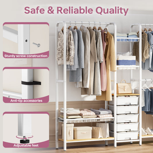 Heavy Duty Clothes Rack with 5 Drawers, Clothing Rack for Hanging Clothes, Portable Garment Rack, Multifunctional Closet Organizer System,72.8x12.9x71.1in — VC-KK-WK330079-W-DF
