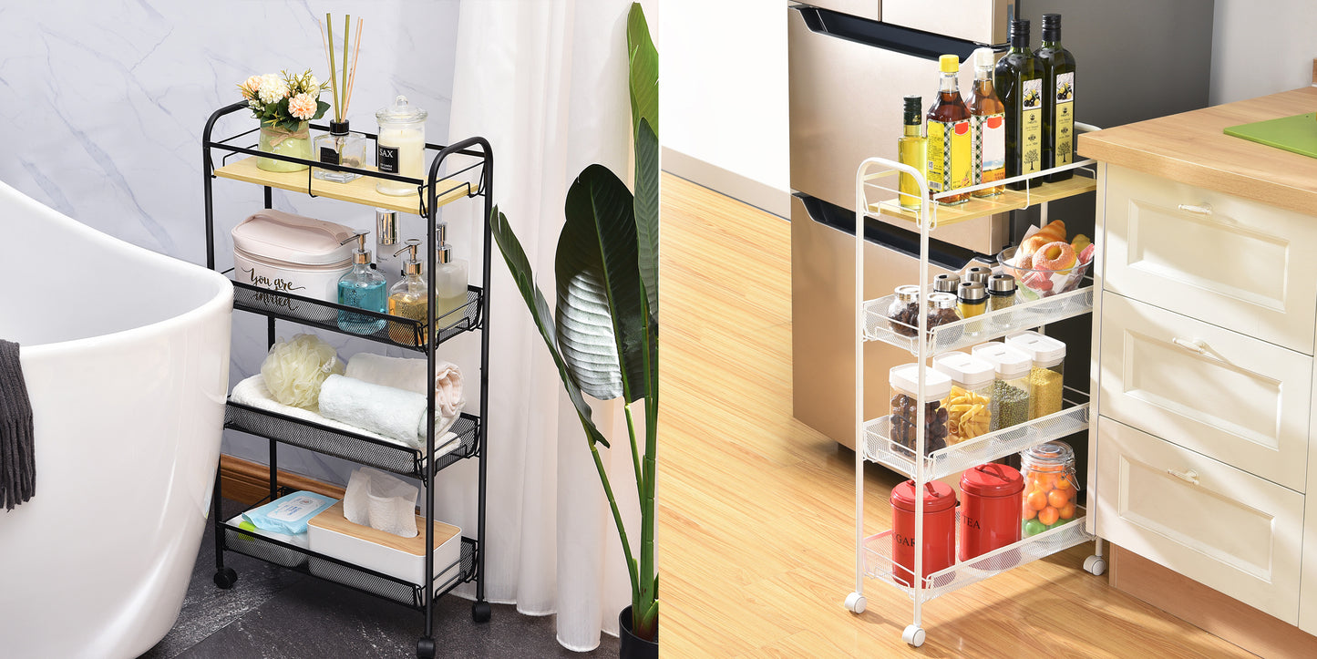 Kingrack 4 Tier Rolling Cart, Mesh Storage Utility Carts with Wooden Tabletop for Kitchen Bathroom, Grey,WK830492-G