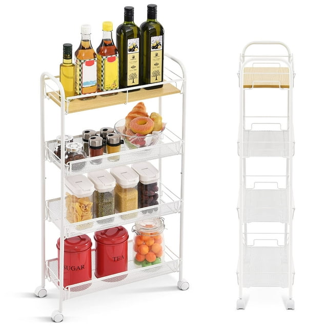 Kingrack 4 Tier School Rolling Cart, Mesh Storage Utility Carts with Wooden Tabletop for Kitchen Bathroom, White,WK830492