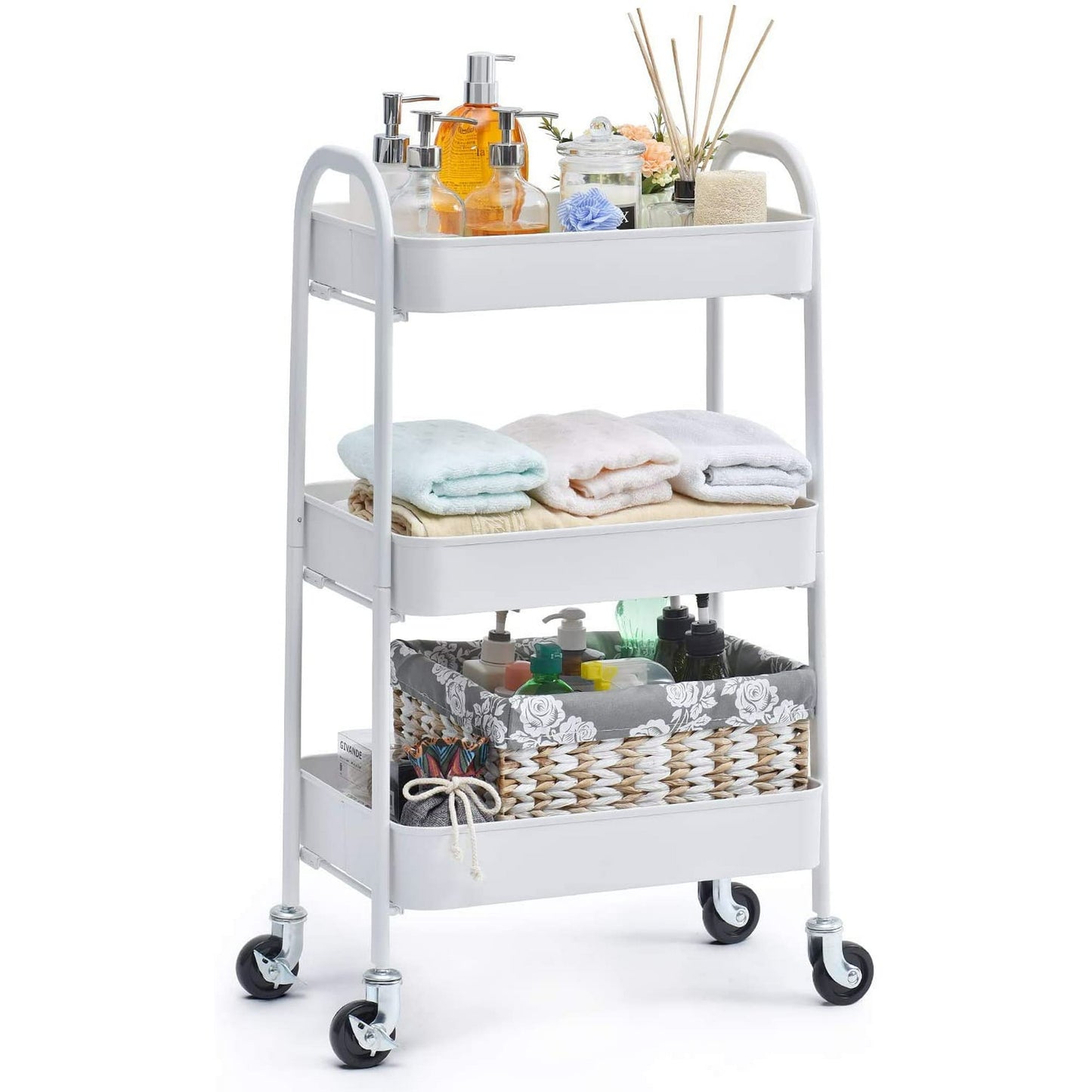 Kingrack 3 Tier Rolling Cart, No Screw Metal Utility Cart, Easy Assemble Utility Serving Cart, Sturdy Storage Trolley with Handles, Locking Wheels, for Classroom Office Home Bedroom Bathroom, White,WK130917-W