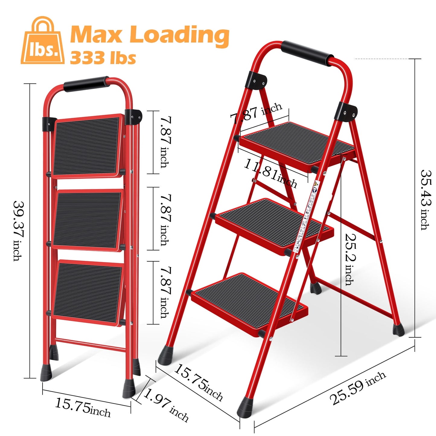 KK KINGRACK 3-Step Household Folding Steel Step Stool with Armrests, 225 lbs Capacity Red (WK2207B-3-R)
