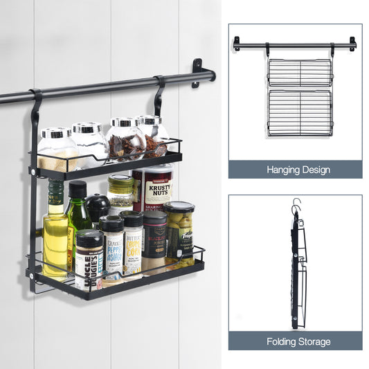 Utensil Rack Set of 5, with 2 Rail Rack, Folding Dish Rack, 2-Tier Spice Rack, Utensil Holder, 10 S-Hooks, Black