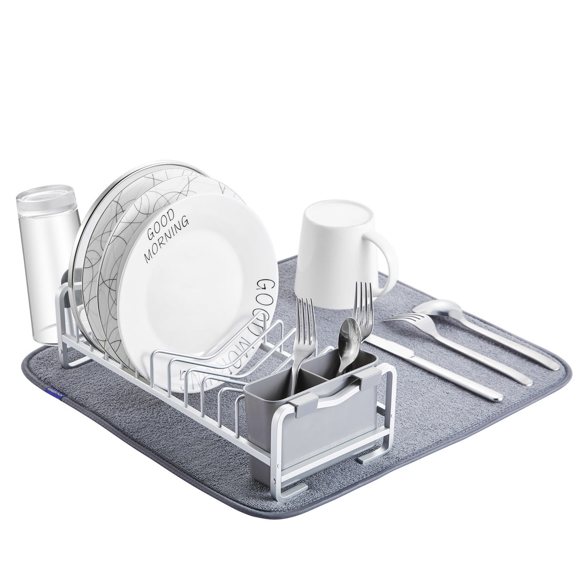 Ta Da Compact Aluminum Dish Rack with Silicone DrySmart Mat Set