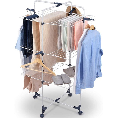 Kingrack Clothes Drying Rack, 3-Tier Folding Indoor Laundry Drying Rack with Wheels 4 Hooks,116201H