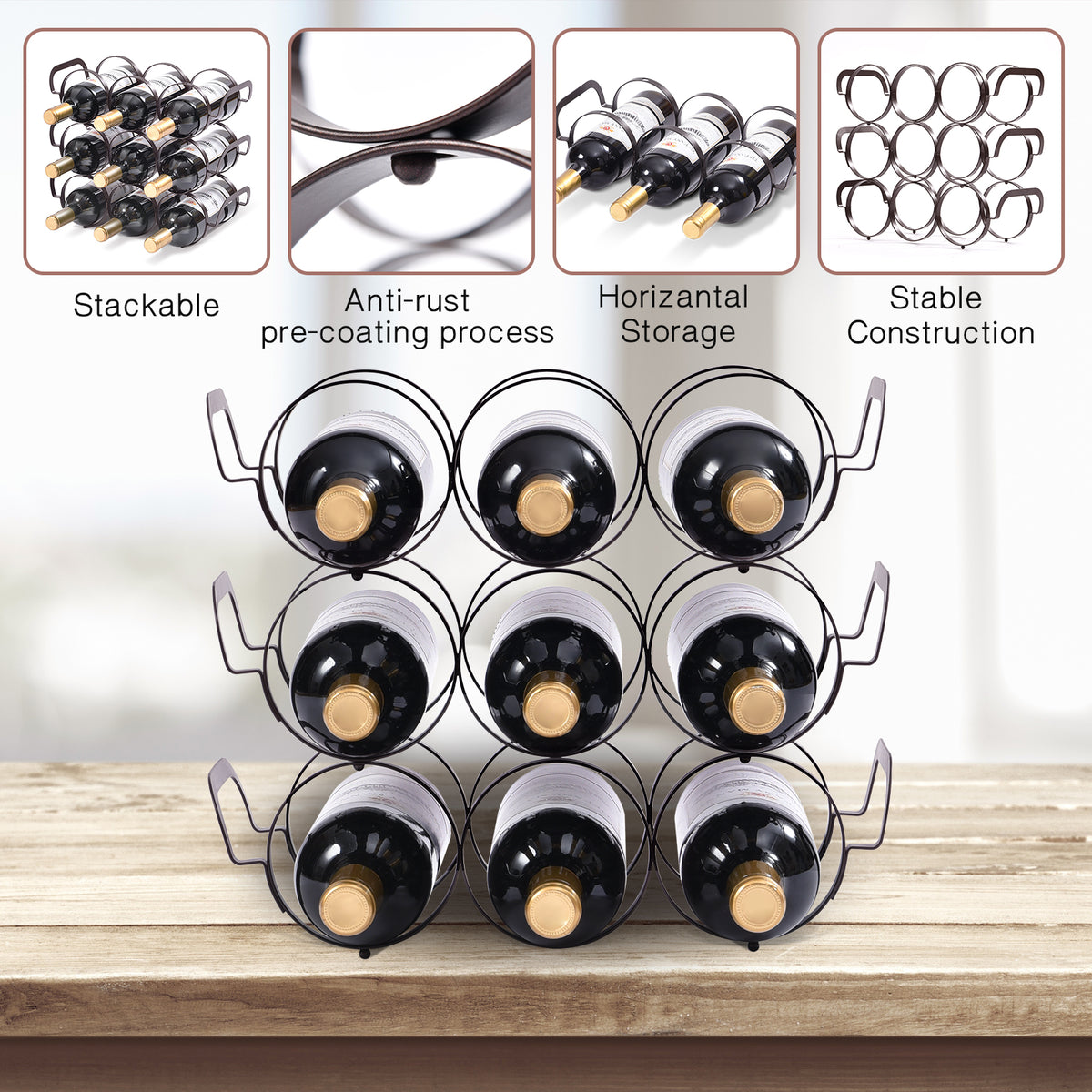 3 Tier Tabletop Stackable Wine Rack, 9 Bottles Standing Wine Holder,WK Kingrack Home