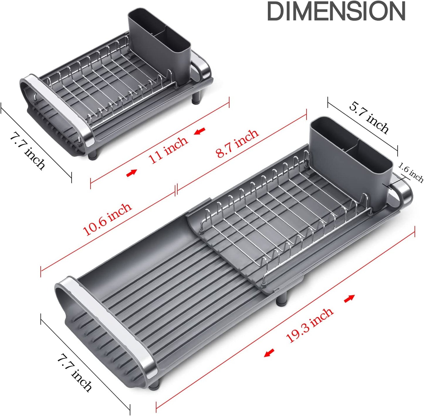 KINGRACK Expandable Dish Rack, Compact Dish Drainer, Stainless Steel Dish Drying Rack with Removable Cutlery Holder, Anti Rust Plate Rack, Small Sink Drainer for Sink or Kitchen Countertop