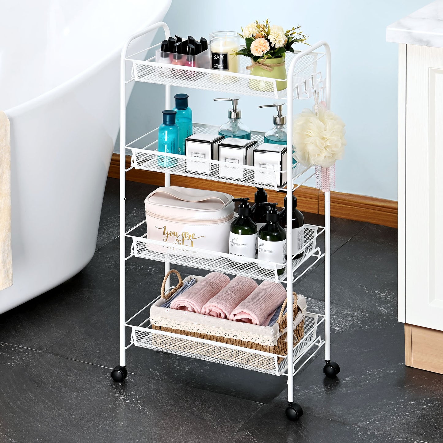 Kingrack 4-Tier Mesh Wire Rolling Cart, Metal Storage Cart with Wheels, Utility Cart for Office,Kitchen, Bedroom, Bathroom, Laundry Room,WK150038-W