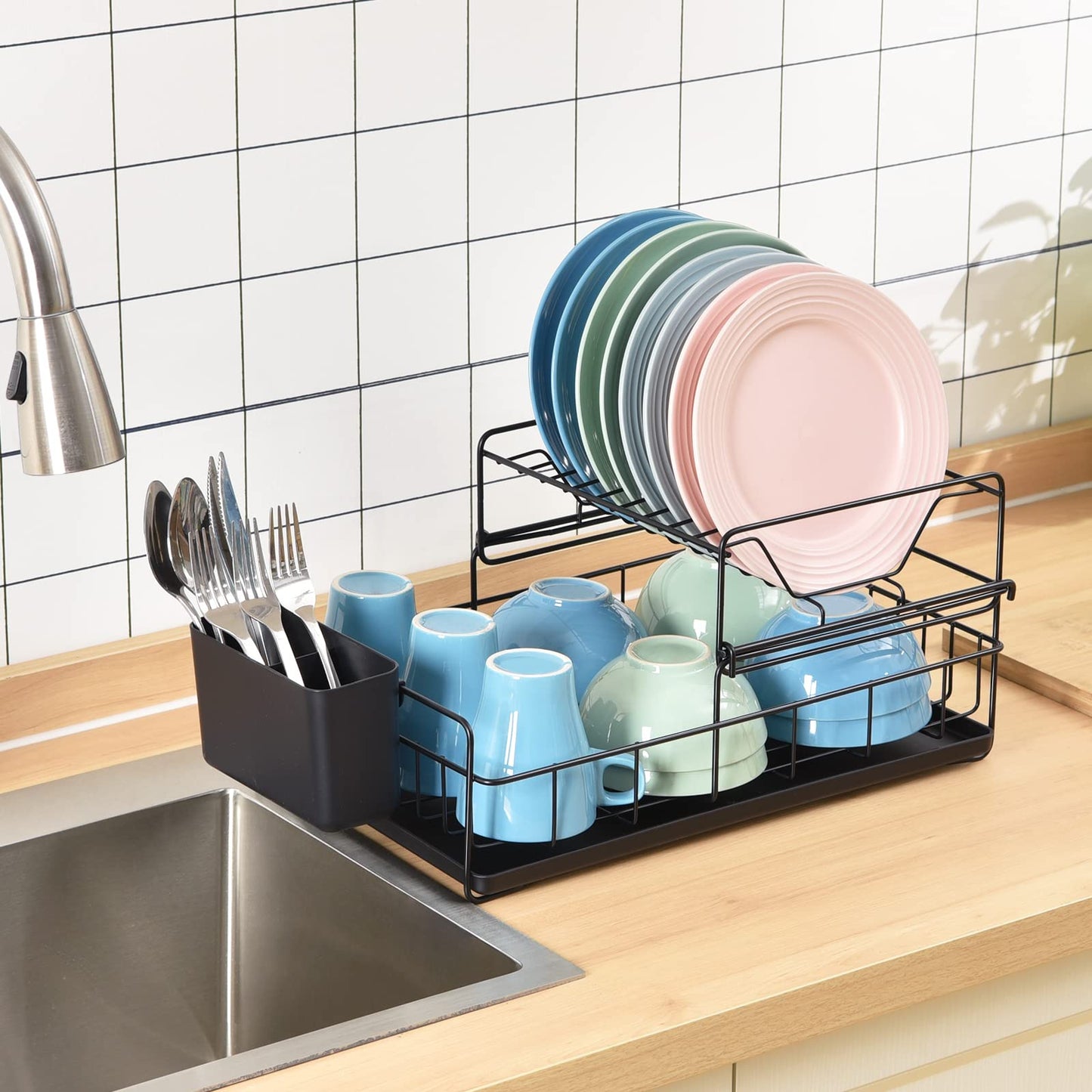 Kingrack 2 Tier Dish Drainer Rack, Steel Dish Rack with Removable Cutlery Holder & Drip Tray, Compact Draining Rack, Dish Draining Rack, Kitchen Supplies Storage Rack, Black,WK810025