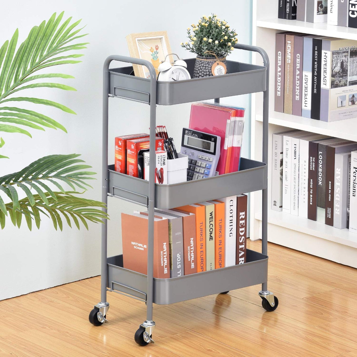 KINGRACK 3-Tier Rolling Cart, Metal Utility Cart with Lockable Wheels, Storage Craft Art Cart Trolley Organizer Serving Cart Easy Assembly for Office, Bathroom, Kitchen, Kids' Room, Classroom,WK131218-G
