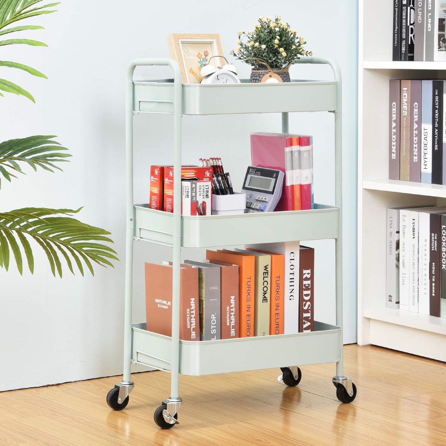 KINGRACK 3-Tier Rolling Cart, Metal Utility Cart with Lockable Wheels, Storage Craft Art Cart Trolley Organizer Serving Cart Easy Assembly for Office, Bathroom, Kitchen, Kids' Room, Classroom (Green),WK131218-GN