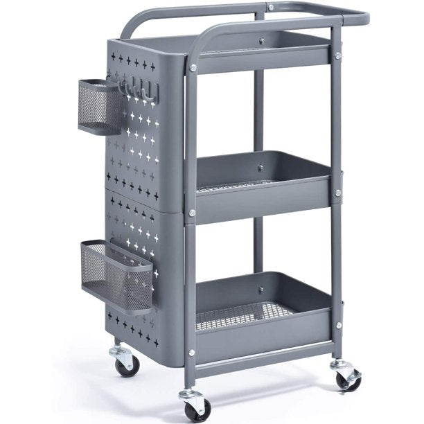KK KINGRACK 3-Tier Storage Rolling Cart, Metal Pushcart with DIY Pegboard,WK130902-1