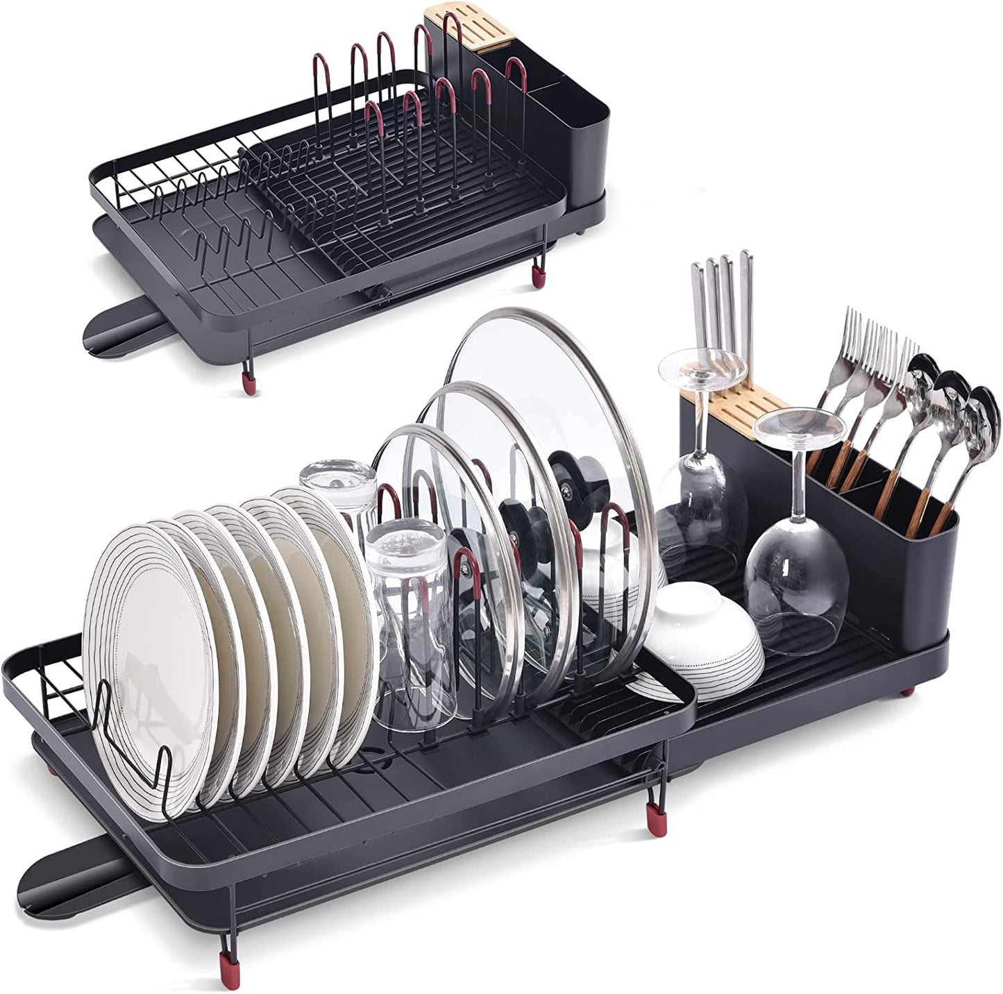 KINGRACK Expandable Dish Drying Rack, Large Capacity Dish Drainer with Drainboard, Dish Rack for Kitchen, Anti-Rust Plate Rack with Glass Holder and Utensil Holder. WK810606