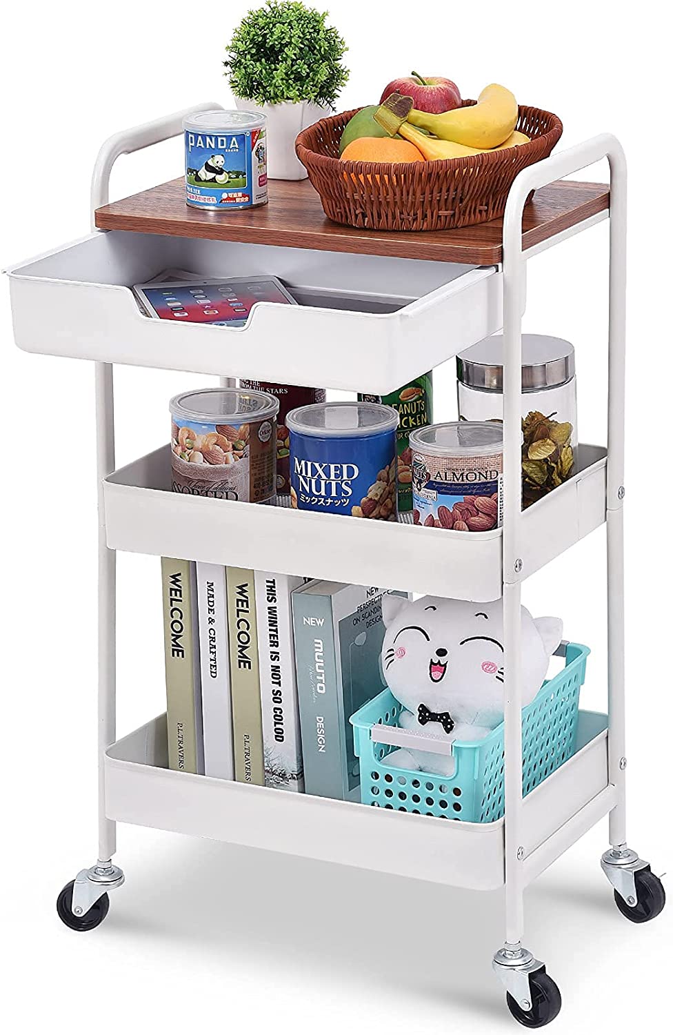 KINGRACK 3-Tier Utility Rolling Cart with Wooden Board and Drawer, Metal Storage Cart with Handle, White Trolley Kitchen Organizer Rolling Desk with Locking Wheels for Office, Classroom, Home, Bedroom WK830549