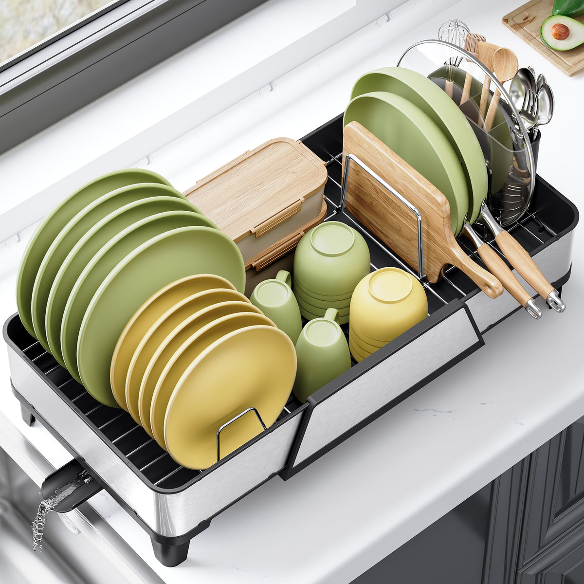 BEHERZT Extendable Dish Drying Rack, Dish Drainer for Kitchen Counter, Stainless Steel, Plate Rack, Black