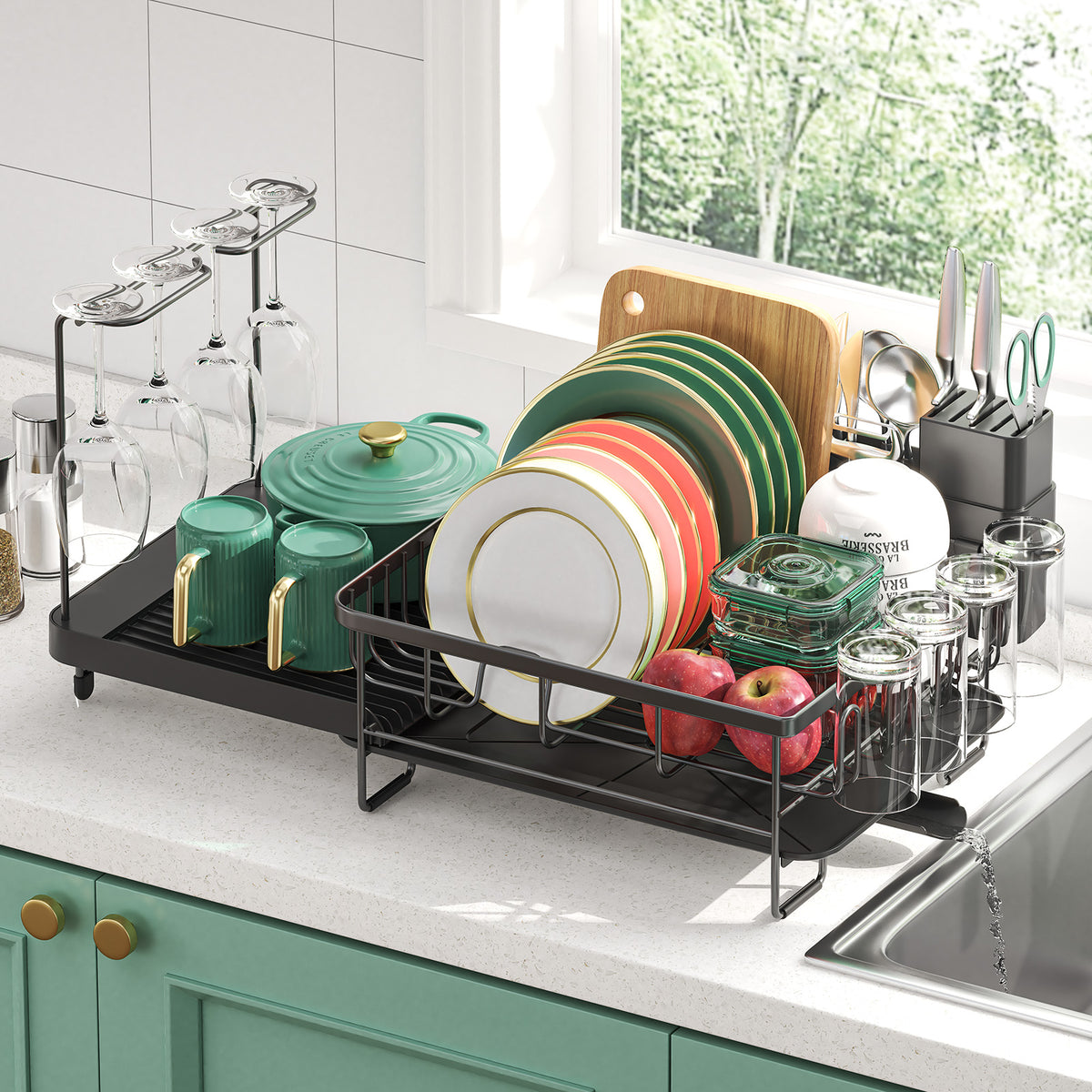 BEHERZT Expandable Dish Drying Rack, Large Capacity Dish Drainer, Plate Rack, Dish Rack with Wine Glasses, Black