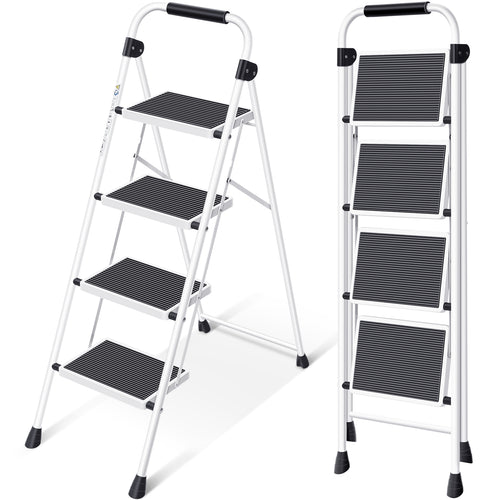 KINGRACK Step Ladder 4 Step Folding Step Stool for Adults with Handrails Heavy Duty Steel Sturdy Lightweight Collapsible Portable Step Ladder with Anti-Slip Wide Pedal,White