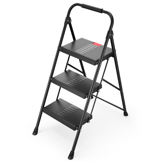 3 Step Stool, KK KINGRACK Folding Step Ladder with Wide Pedal&Safety Lock, 500 LBS, Black(2228-3)