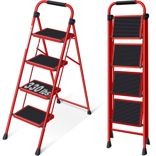 KINGRACK Folding Step Ladder 4 Steps Stool,Heavy-Duty Sturdy Safety Steel Tall Step Stool Ladders with Handrails & Wide Pedals for Adults Home Kitchen Office,Red