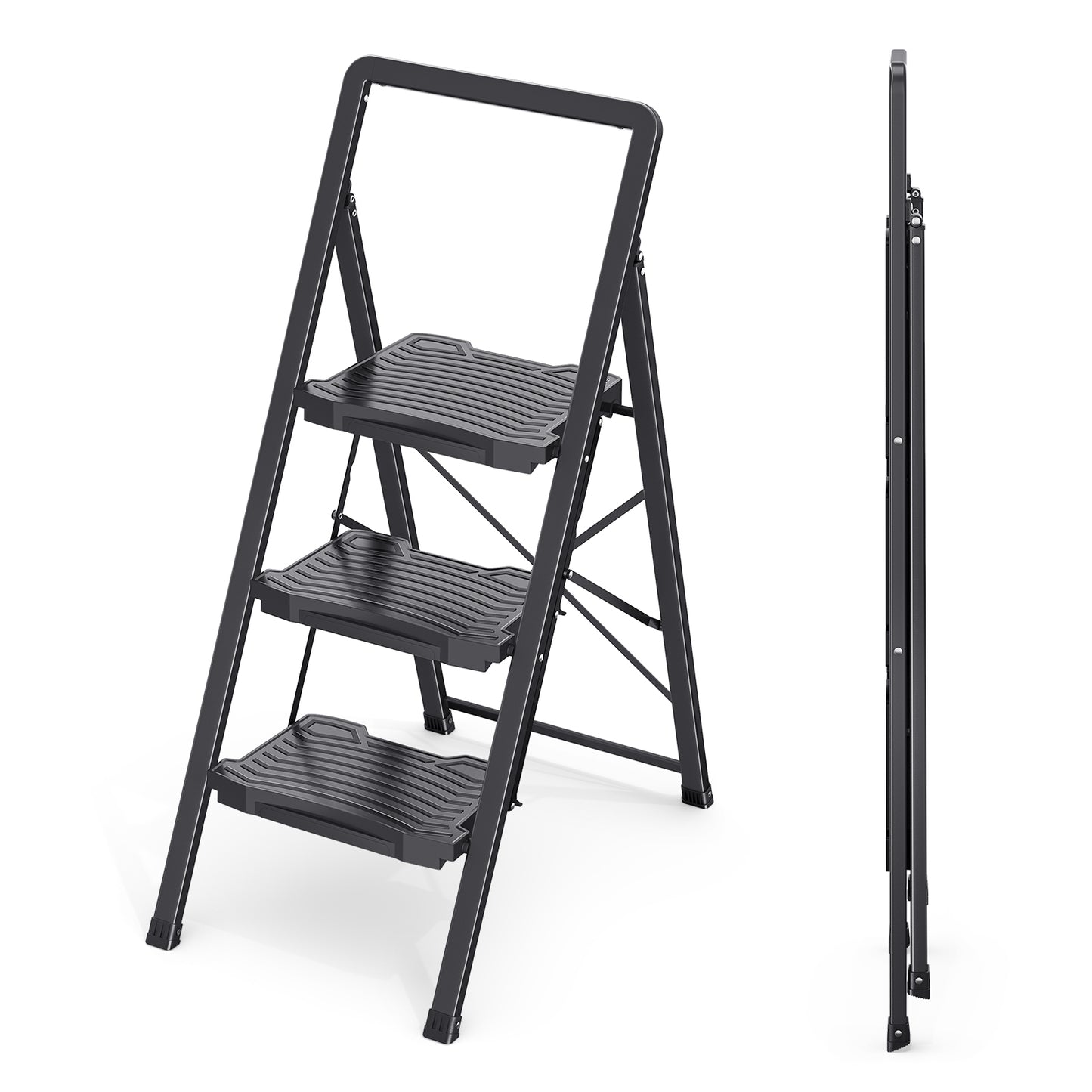 KINGRACK 2/3/4 Folding Step Ladder with Handrail, Steel Step Stool, Black