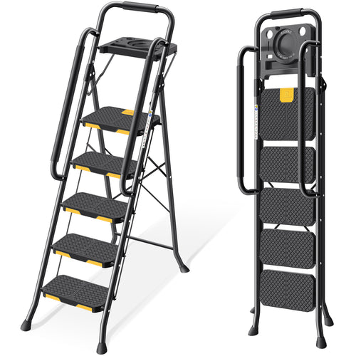 KINGRACK 5 Step Ladder with Tool Platform, Folding Step Stool with Handrails, Sturdy Steel Ladder with Wide Pedal, 800 LBS Portable Safety Ladder for Adults Painting Home Outdoor Garage