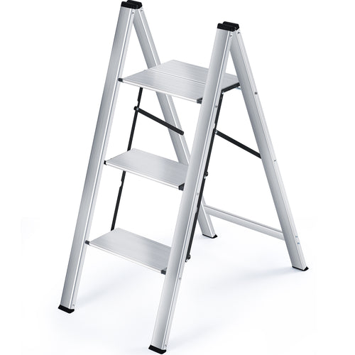 KINGRACK Aluminium 3 Step Ladder, Lightweight Folding Step Ladder, Portable Slim Step Stool, 330lbs Safety Stepladder with Multi-Function, Silver