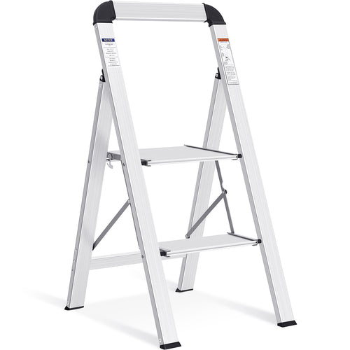 KINGRACK Step Ladder 2 Steps, Step Ladder, Non-Slip Household Ladder with Folding Safety, Aluminium Step Stool, Folding Step Ladder with Handrail, Maximum Load 150 kg, 2 Steps, Silver