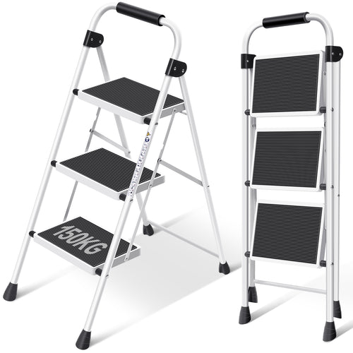 KINGRACK Step Ladder 3 Step Folding with with Anti-Slip and Wide Pedal,Portable Foldable,Tall Sturdy Step Ladder with Handgrip for Home Kitchen Household,White