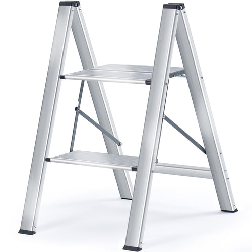 KINGRACK Aluminium 2 Step Ladder with Wide Steps, Lightweight Folding Ladder, Portable Slim Step Stool, Safety Household Ladder Stepladder with Multi-Function, 330lbs Load Capacity, Silver