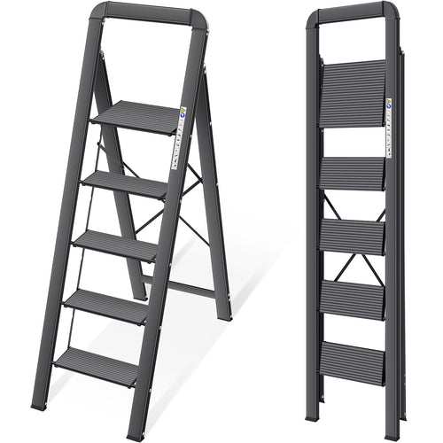 KINGRACK Aluminium 5 Step Ladder, Lightweight Step Stool with Non-Slip Pedals, Handrail, Folding Step Ladder for Kitchen, Garage, Home, Space Saving, Sturdy and Portable, Black