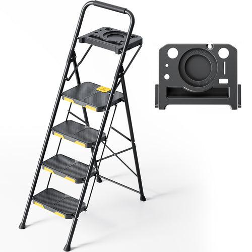 KINGRACK 4 Step Ladder with Tool Platform, Folding Step Stool with Wide Pedal, Safety Locking, Sturdy Steel Ladder Portable Safety Ladder for Adults Painting Home Outdoor Garage