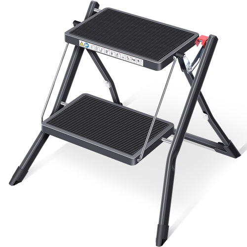 KINGRACK Folding Step, 2 Step Stepladder, Foldable, Ladder with Non-Slip Rubber mat, Step Stool with Release Button, Light Steel, for up to 330lbs, Black