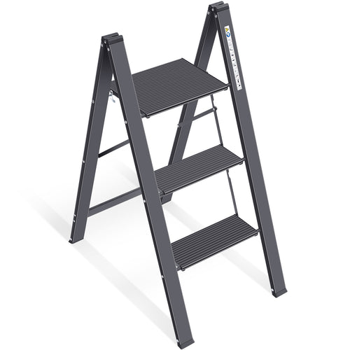 KINGRACK Aluminium 3 Step Ladder with Wide Steps, Lightweight Folding Ladder, Portable Slim Step Stool, Safety Household Ladder Stepladder with Multi-function, Black Visit the KINGRACK Store