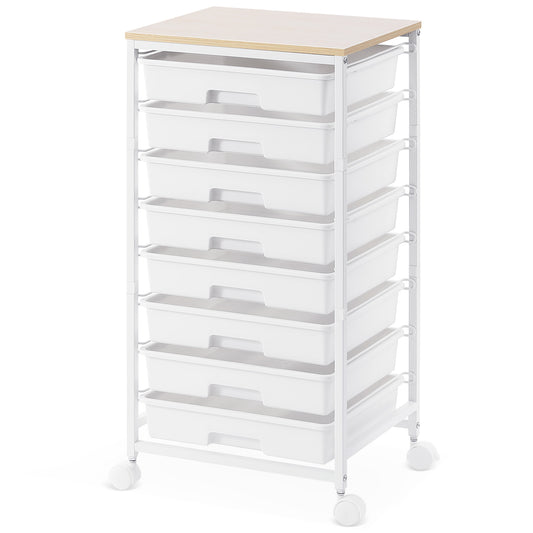 KK KINGRACK Storage Rolling Drawer Cart, Drawer Organizer with 8 Drawers and Wooden Tabletop, Metal & Plastic, White (BZ830924-6)