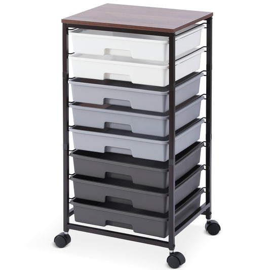 KK KINGRACK Storage Rolling Drawer Cart, Rolling Cart with 8 Drawers and Wooden Tabletop, Metal & Plastic, Gray（BZ830924-5）