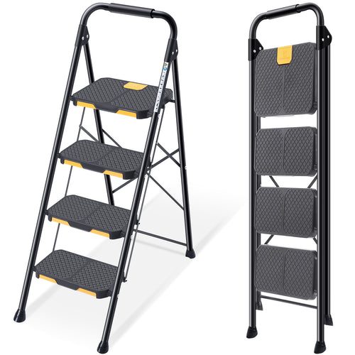 KINGRACK 4 Step Ladder, Sturdy Steel Step Stool with Safe-Lock Design, Handrail, Anti-Slip Wide Pedals, Pass 800lbs Load Testing, Folding Portable Ladder for Multi-Purpose, Home, Kitchen, Black