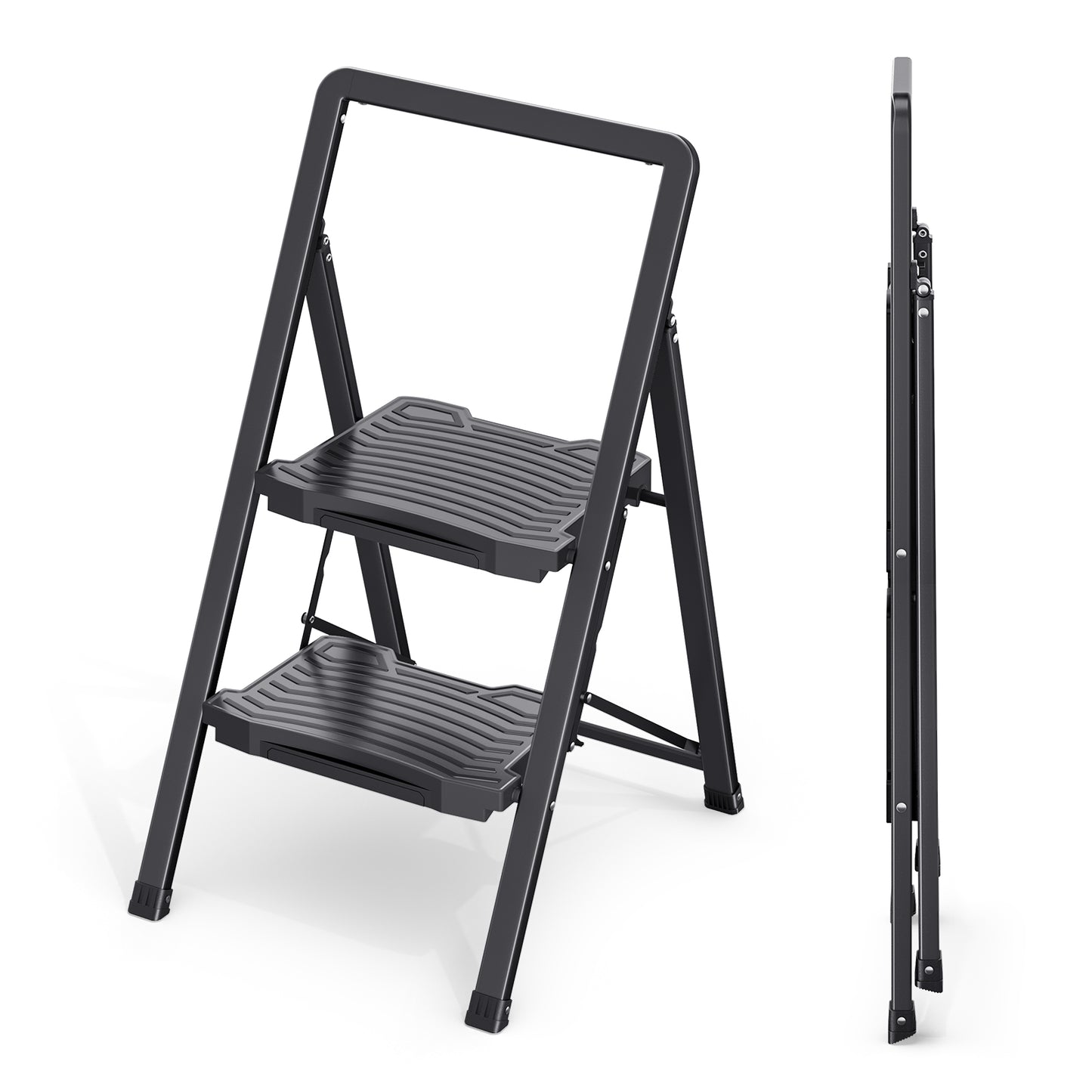 KINGRACK 2/3/4 Folding Step Ladder with Handrail, Steel Step Stool, Black