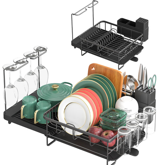 BEHERZT Expandable Dish Drying Rack, Large Capacity Dish Drainer, Plate Rack, Dish Rack with Wine Glasses, Black